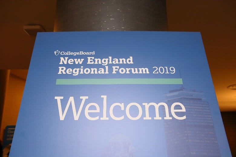 Blue sign that says "New England Regional Forum 2019, Welcome."