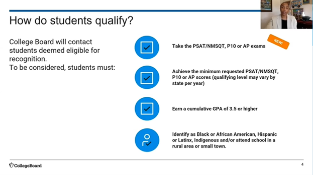 Slide that details how students can qualify for National Recognition Programs