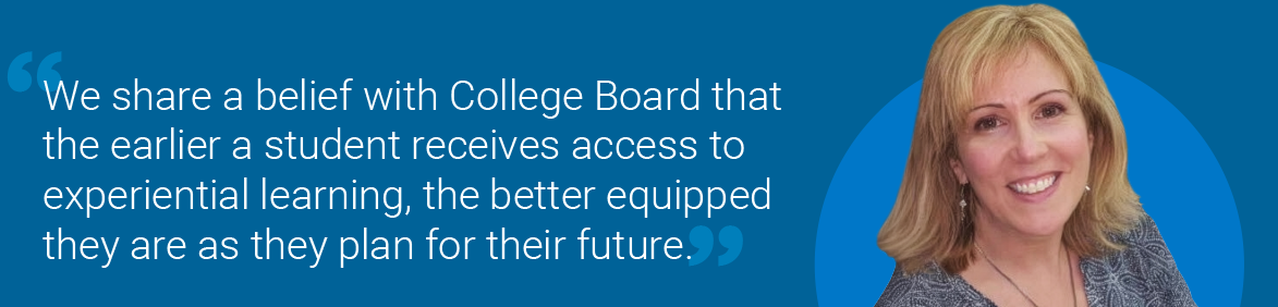 Image of Lynn Bloomer from Cisco Systems, Inc, with quote "We share a belief with College Board that the earlier a student receives access to experiential learning, the better equipped they are as they plan for their future."
